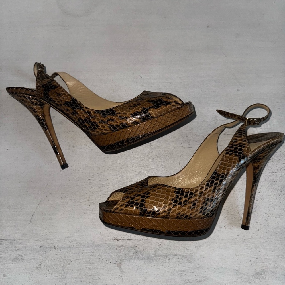 Jimmy Choo Vintage Snakeskin Leather Peep Toe Platform Slingback Pump Heels - Picture 10 of 14